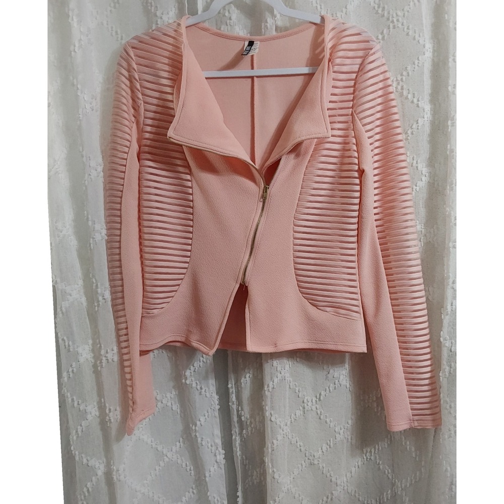 San Julian Peach Pink Asymmetrical Zip Mesh Panel Blazer Jacket Large T1519
